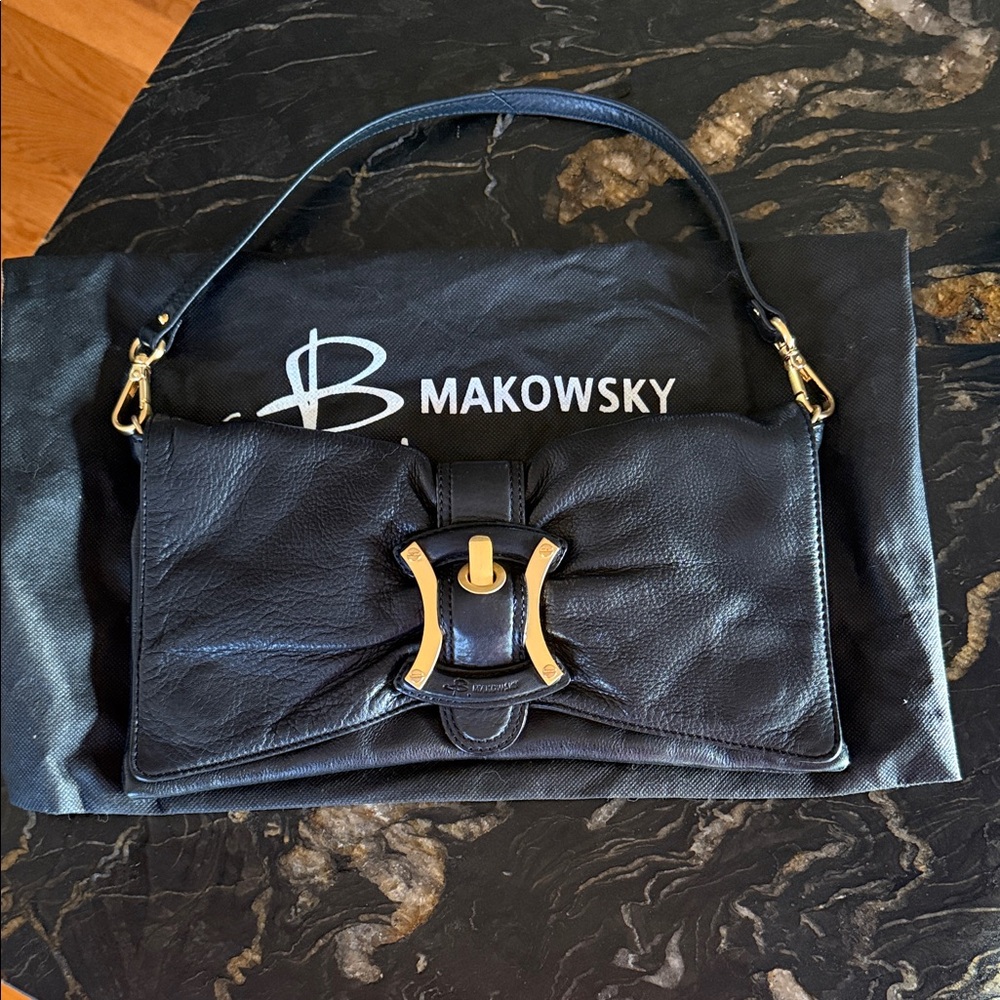 B. Makowsky Black Leather Shoulder Bag with Gold Accents